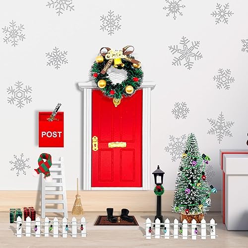 Miniatura 3 de JCOOS Mini puerta de elfo rojo de madera navideña para pared, kit de puerta de hadas en miniatura, accesorios de casa de muñecas de Navidad, juego