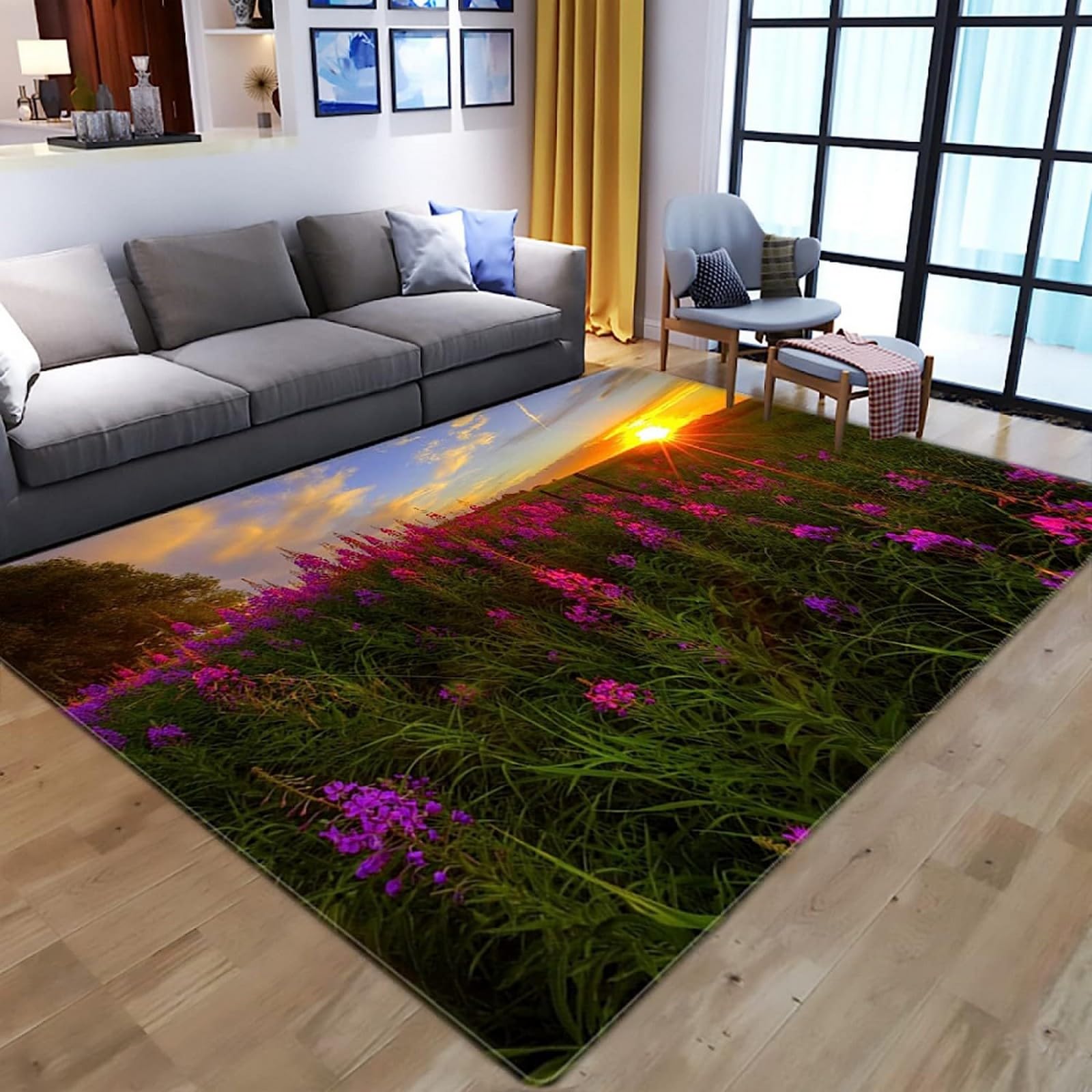 Tapis salon 3D paysage coucher de soleil pour ambiance canapé cocooning