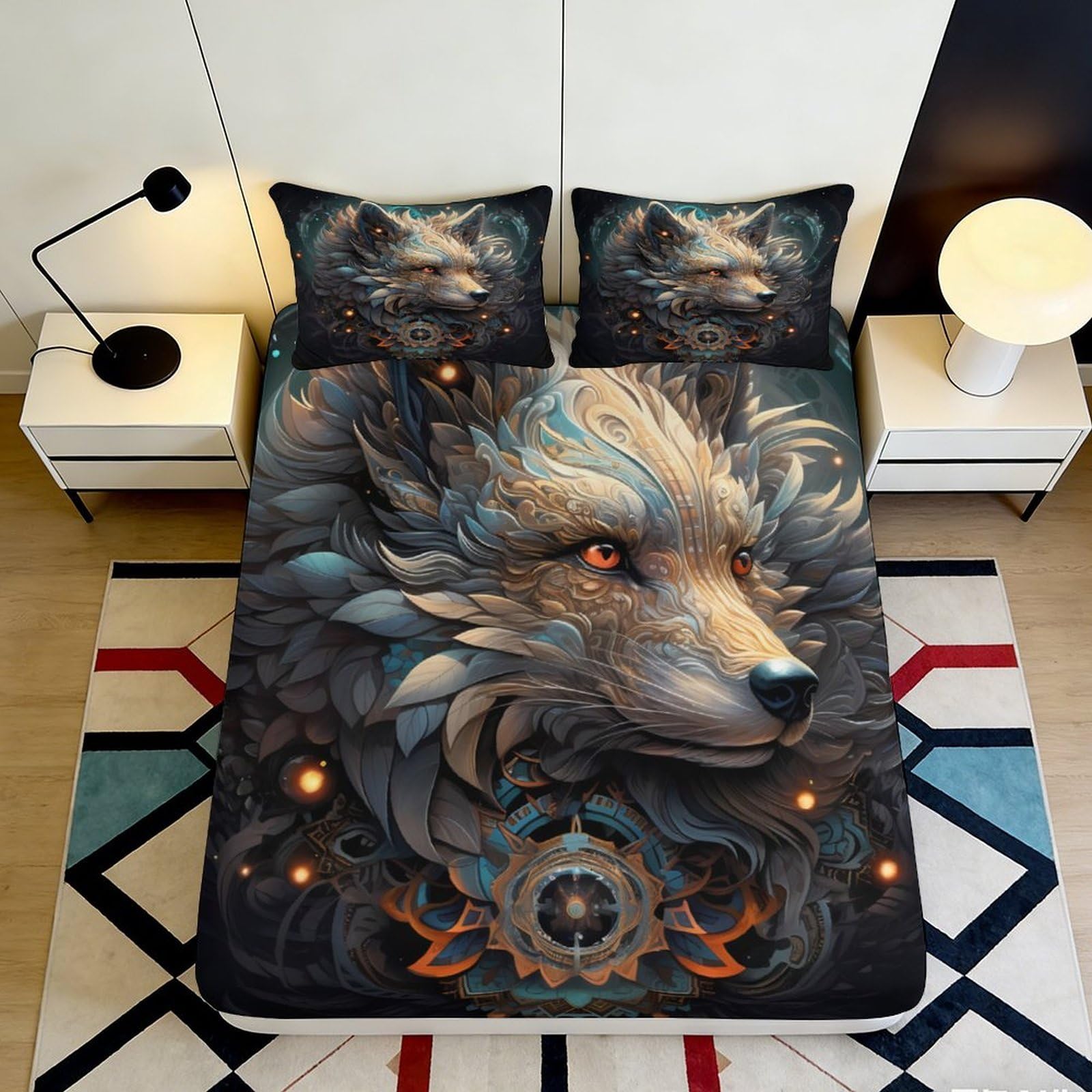 Dhbaneiok Style-1 3D Printed Wolf Spirit Fitted Sheet Microfiber Soft Non-Slip Tribal Mandala Bed Cover For Bedroom Dorm Decor 90X200x25cm