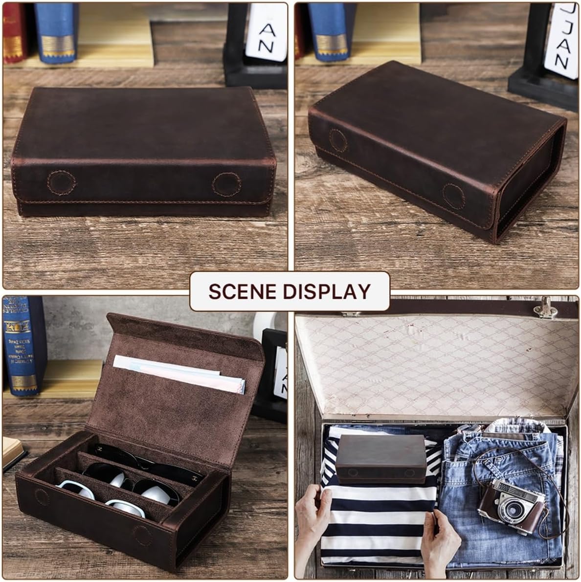 Vintage Leather Sunglasses Organizer, 3 Slot Magnetic Travel Eyeglasses Case with Cleaning Cloth Pocket, Portable Multiple Glasses Storage Box for Men Women