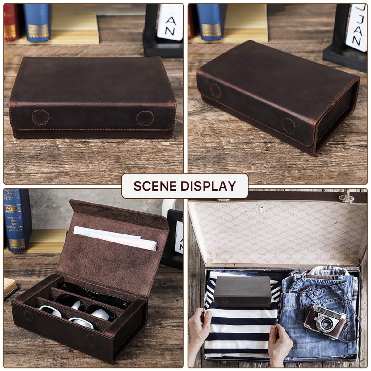 Étui à Lunettes en Cuir Vintage, 3 emplacements, Fermeture magnétique, Poche Chiffon Nettoyage, Portable Homme Femme