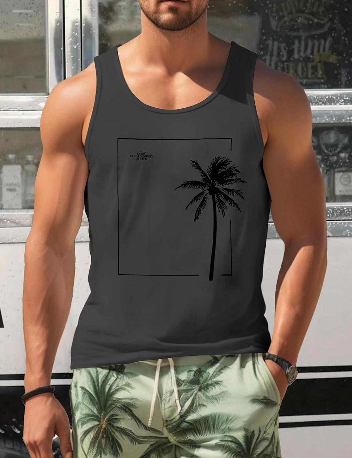 Mens Tank Tops Summer Beach Vacation Sleeveless Shirts Casual Palm Graphic Muscle Gym Workout Tank Top - Image 4