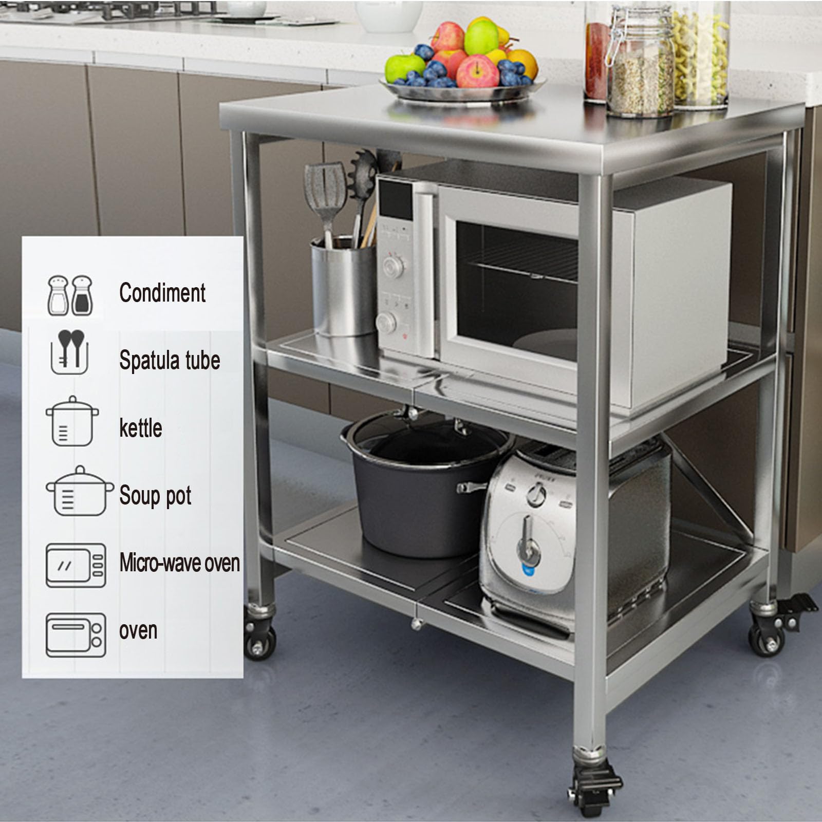 Carrito de Servicio 3 Niveles Acero Inoxidable 60X45X80CM | Plegable, Con Ruedas, Multifuncional, Para Hotel Restaurantes Escuelas
