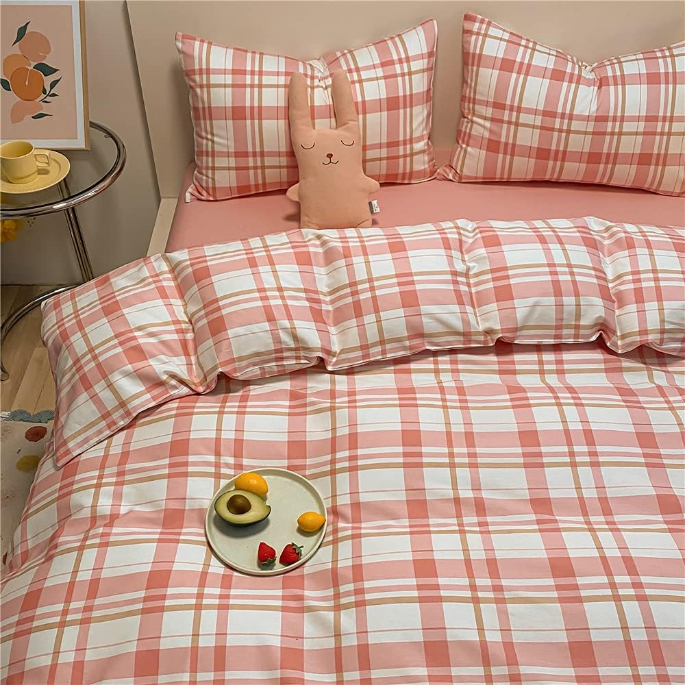 ENJOYBRIDAL Pink Duvet Cover Twin Grid Cotton Bedding Set