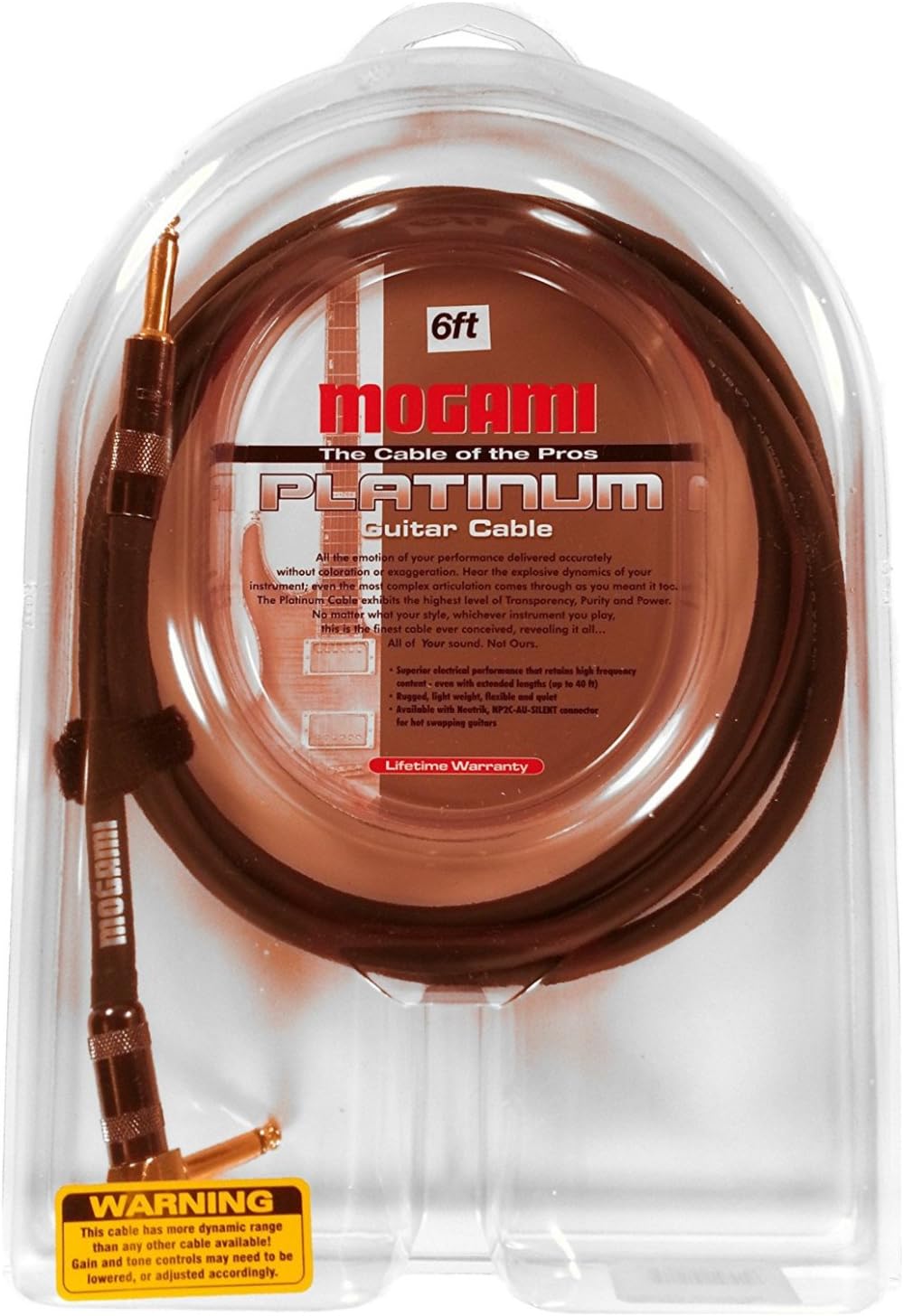 Mogami PLATINUM GUITAR-06R Instrument Cable, Gold 1/4" TS Right Angle to Straight Plug, 6 ft.