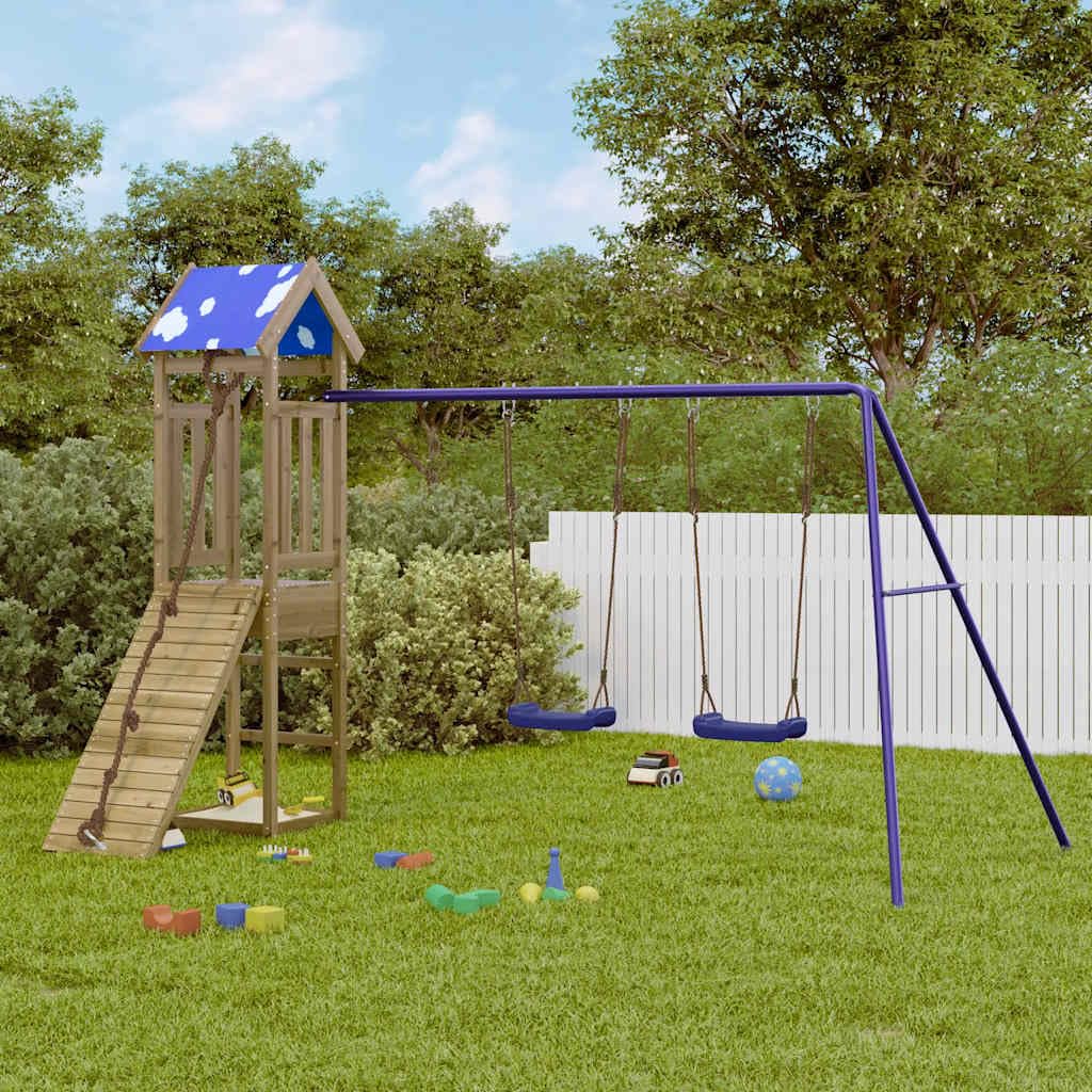 Torre de juego de madera de pino impregnada con columpio y estructura de escalada para jardín, casa de juegos al aire libre con caja de arena, tobogán y cuerda, dispositivo de juegos robusto
