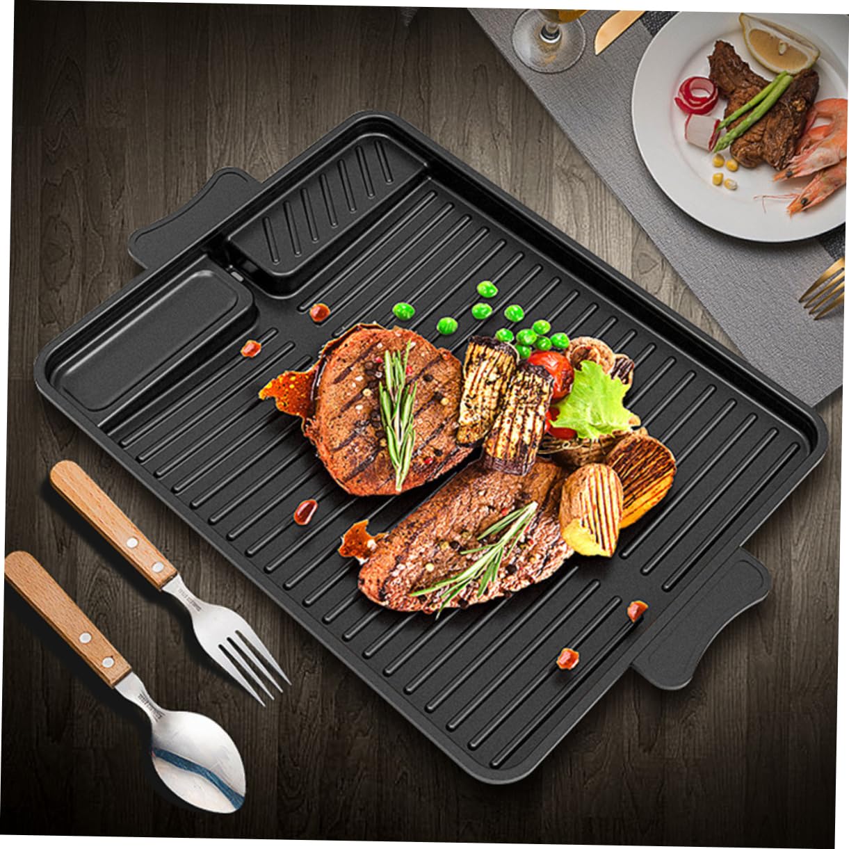 Padella Grill Rettangolare Coreana in Alluminio Nero, Grande | Uso per Barbecue All’aperto e Grigliate in Casa, Stile Coreano, Superficie Ampia, Formato Portatile