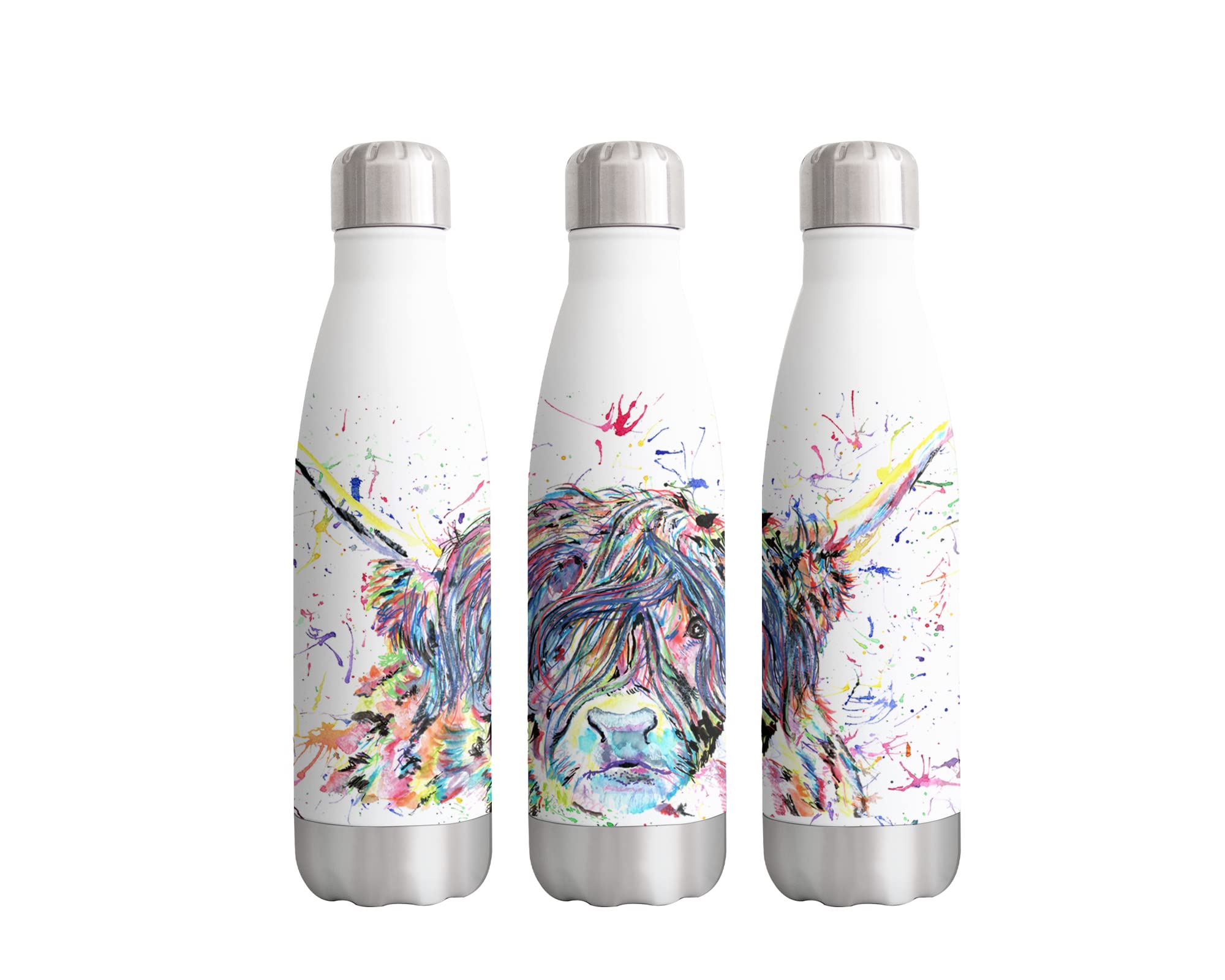 Vixar Highland Cow Scottish farm animals Watercolour rainbow art Bottle double Wall insulated Stainless steel sport Drinks 500ml Gift ideal for school work office oudoor