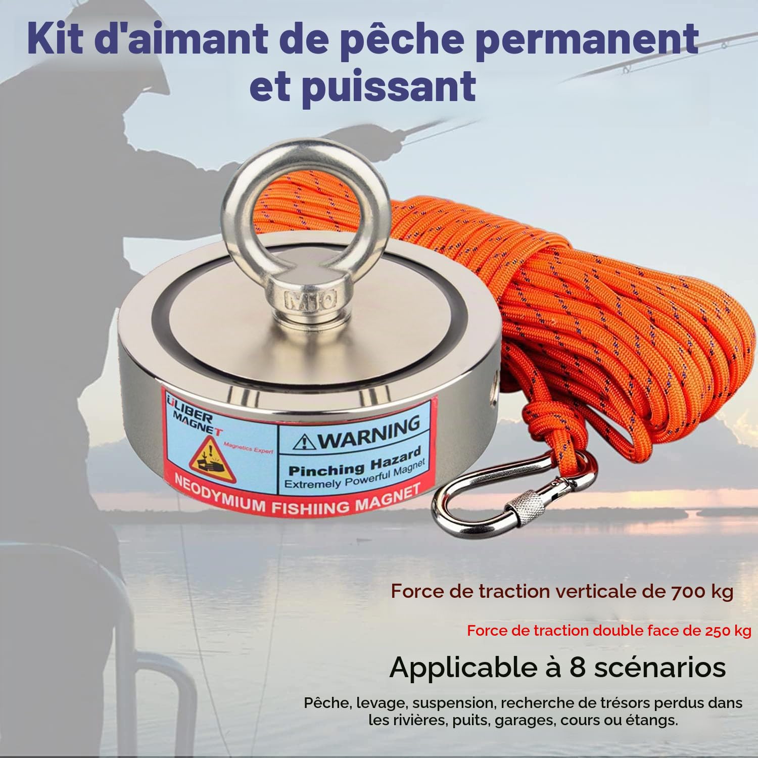 ULIBERMAGNET Aimants de pêche double face super puissants, combinés 700 kg N52 Kit de pêche aimant néodyme avec corde, griffe, gants, pour la pêche magnétique et la chasse au trésor sous l'eau