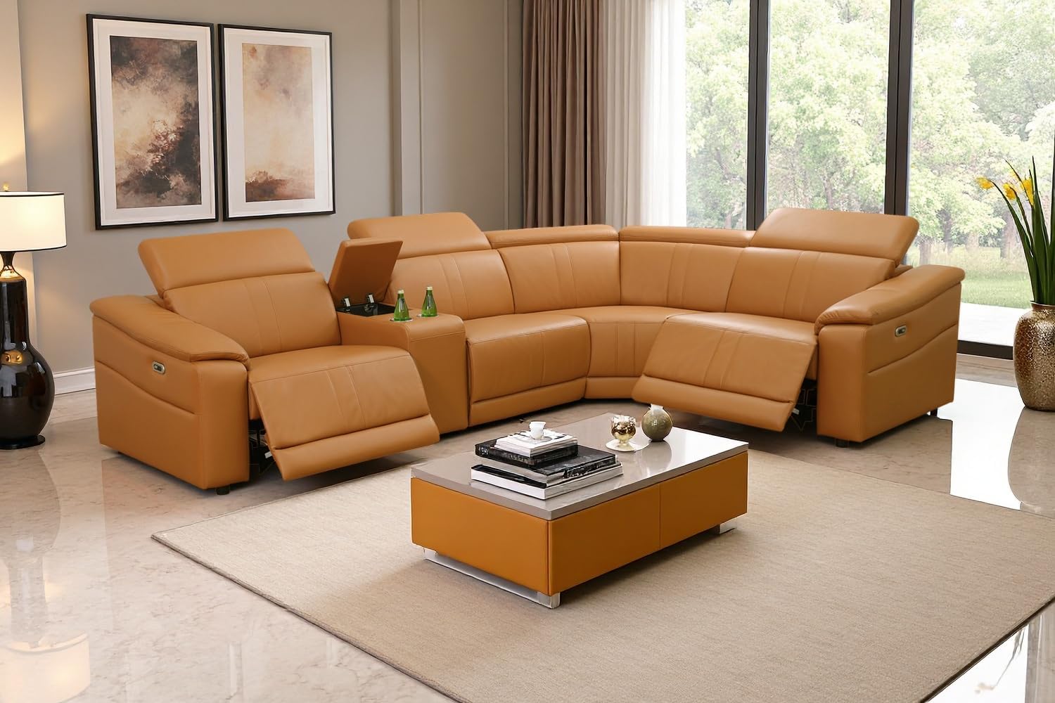 Power Recliner Sectional Sofa for Living Room, Power Leather Corner Sectional Couch with Adjustable Headrest, Leather Sectionals Couches, Reclining Couch with Storage/Cup Holders for House