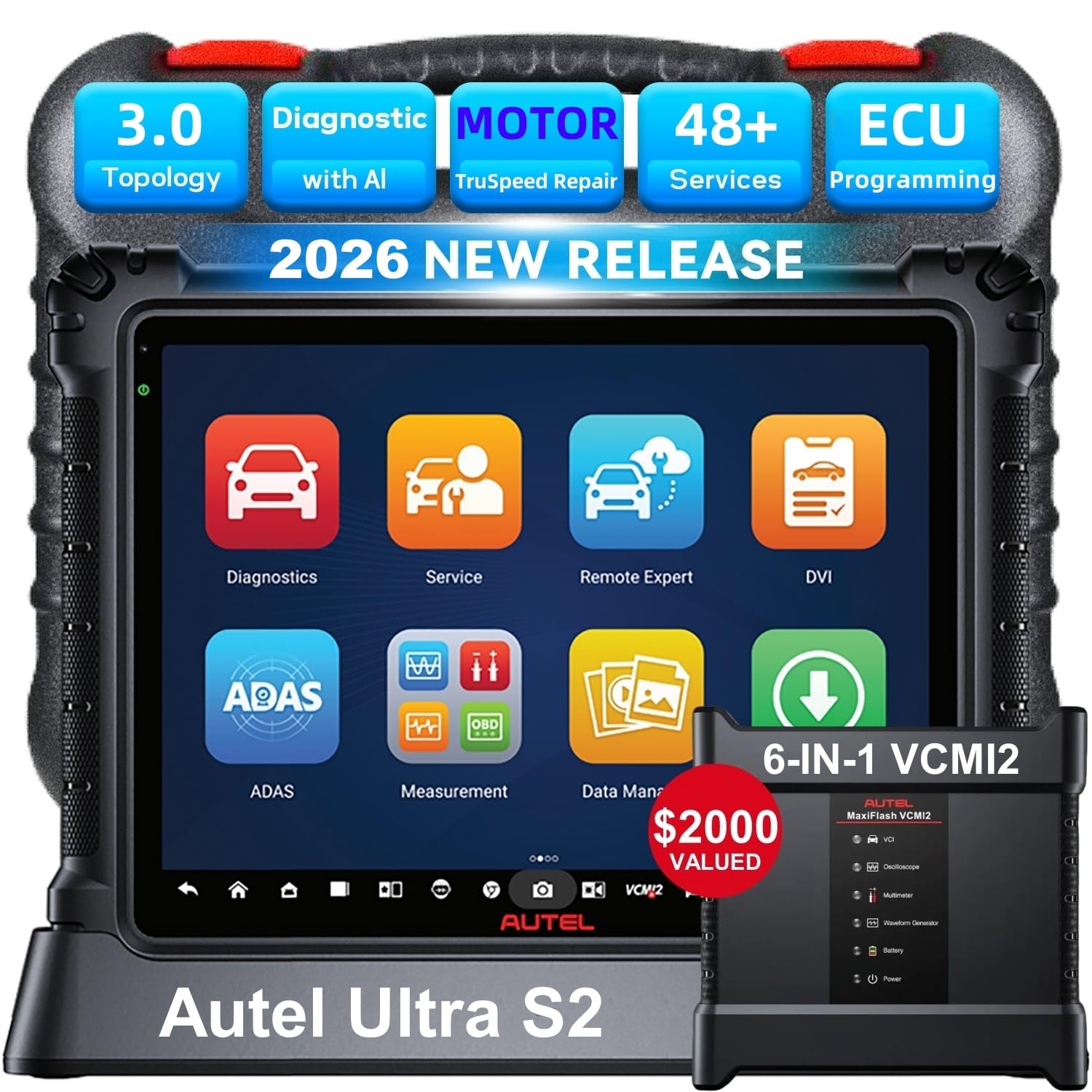 Autel MaxiSys Ultra S2 Scanner, 2026 Top Intelligen Scan Diagnostic with AI, 6-in-1 VCMI2, Up of MSUltra MS919, Topology 3.0, Multi-Point DVI, Motor