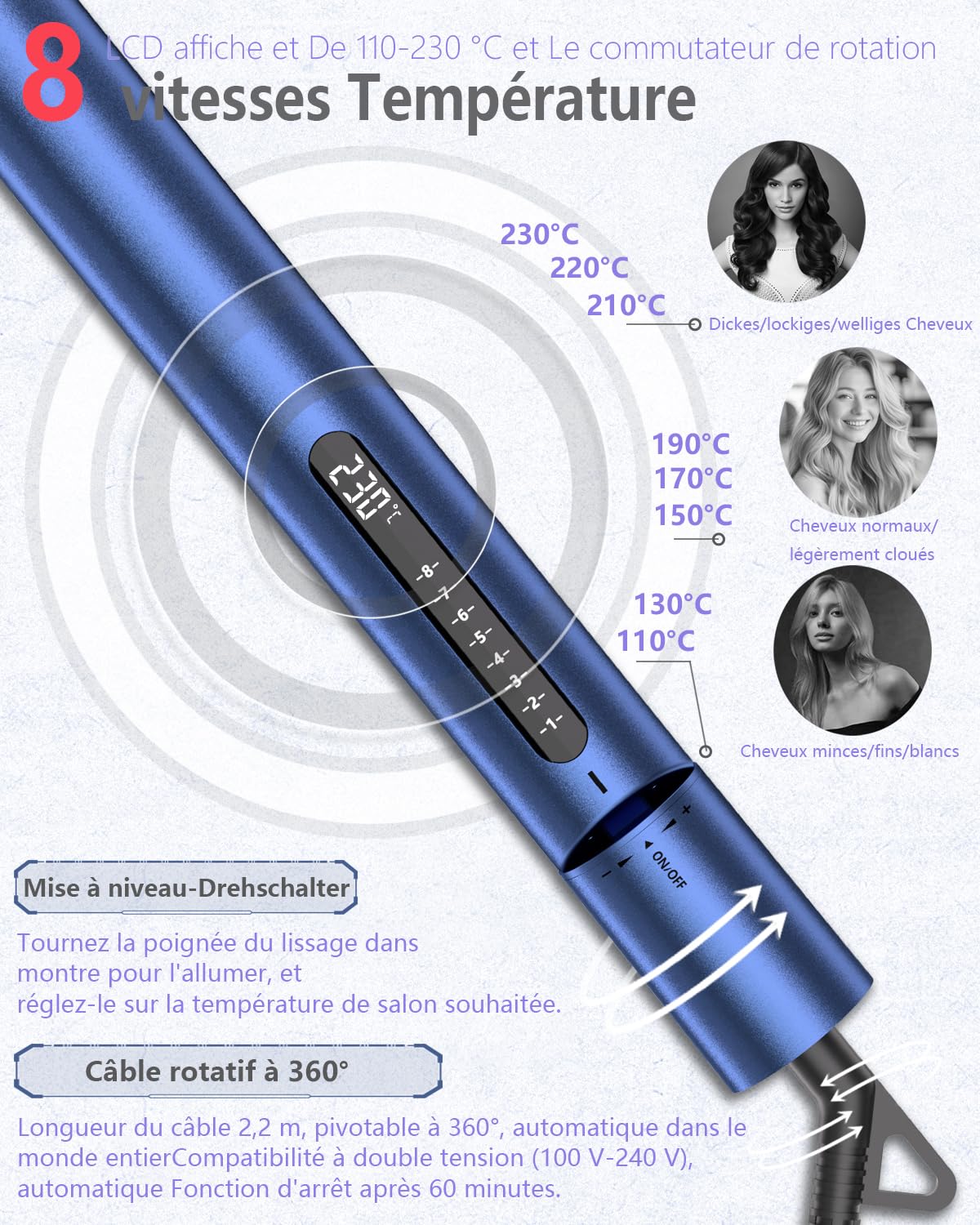 KUSNCA Lisseur Cheveux, 2 EN 1 Lisseur Boucler et Lisser Lisse et Brillant, 3D Plaque Céramique Flottante Empêche Les Cheveux de Tirer, Face Avant Avec Fonction Anti-brûlure, LCD 110°C-230°C (Bleu)