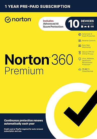 Norton 360 Premium, 2026 Ready Antivirus software for 10 Devices with Auto-Renewal – Includes Advanced AI Scam Protection, VPN, Dark Web Monitoring & PC Cloud Backup [Key Card]