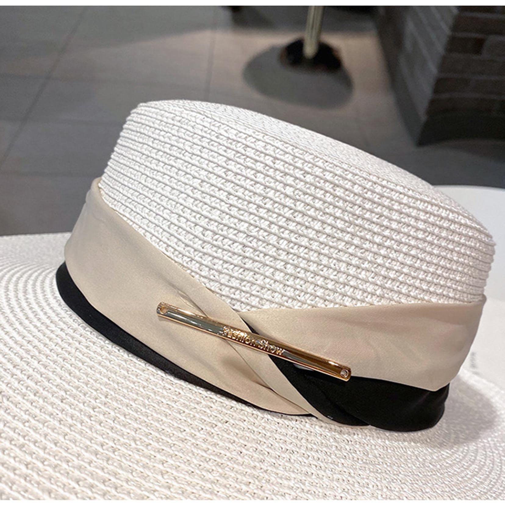 Sommer Beach Sonnenhüte für Frauen Faltbare Floppy Reisende packbare Khaki -Strohhut, breiter Krempe Hut White-56-58cm