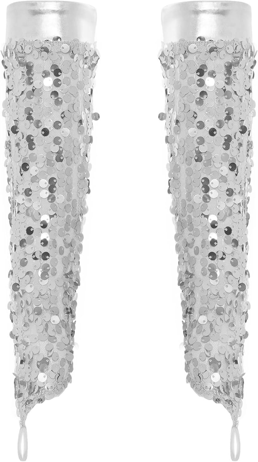 Kids Girls Shiny Sequin Fingerless Arm Sleeves Glitter Elbow Length Gloves Accessories for Performance
