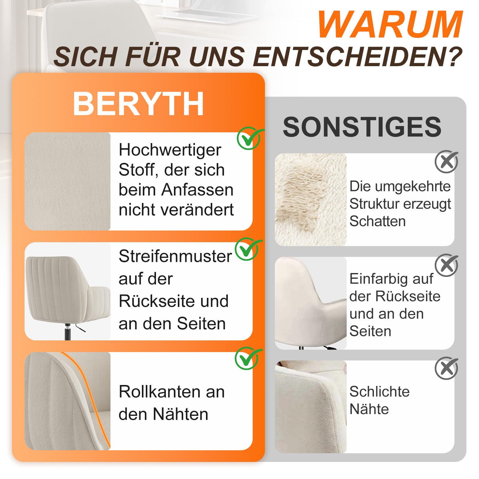 Schreibtischstuhl Bürostuhl Homeoffice bis 136kg Drehstuhl Samt Schminkstuhl mit Armlehnen Rollen Ergonomisch Bequem Frauen Mädchen Vanity Chair Höhenverstellbar Schlafzimmer Heimbüro Weiß