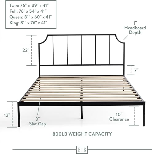 Miniatura 8 de Edenbrook Cassidy Marco de cama de plataforma de metal con cabecera de metal, no requiere somier, soporte de listones de madera, negro, tamaño Queen