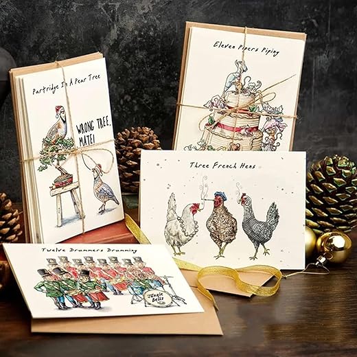 SWAGGIFT Twelve Days of Christmas Card Set,12 Pack Quirky Funny Christmas Cards Card with Your Custom Message and Envelopes, Christmas Countdown Gift Card Set