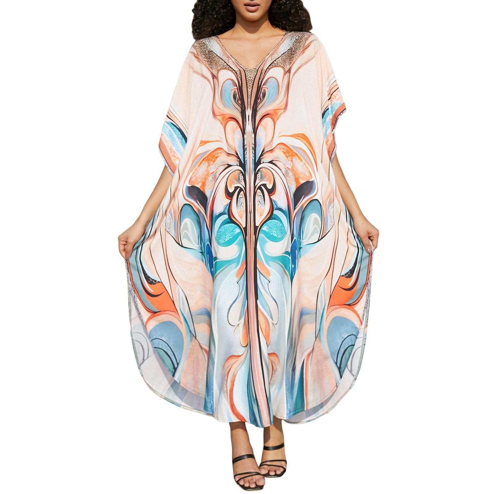 Generico Caftano Donna Copricostume Estivo Lungo Kaftano Elegante Ideale Kimono Casual BohéMien Loungewear per Vacanze Spiaggia