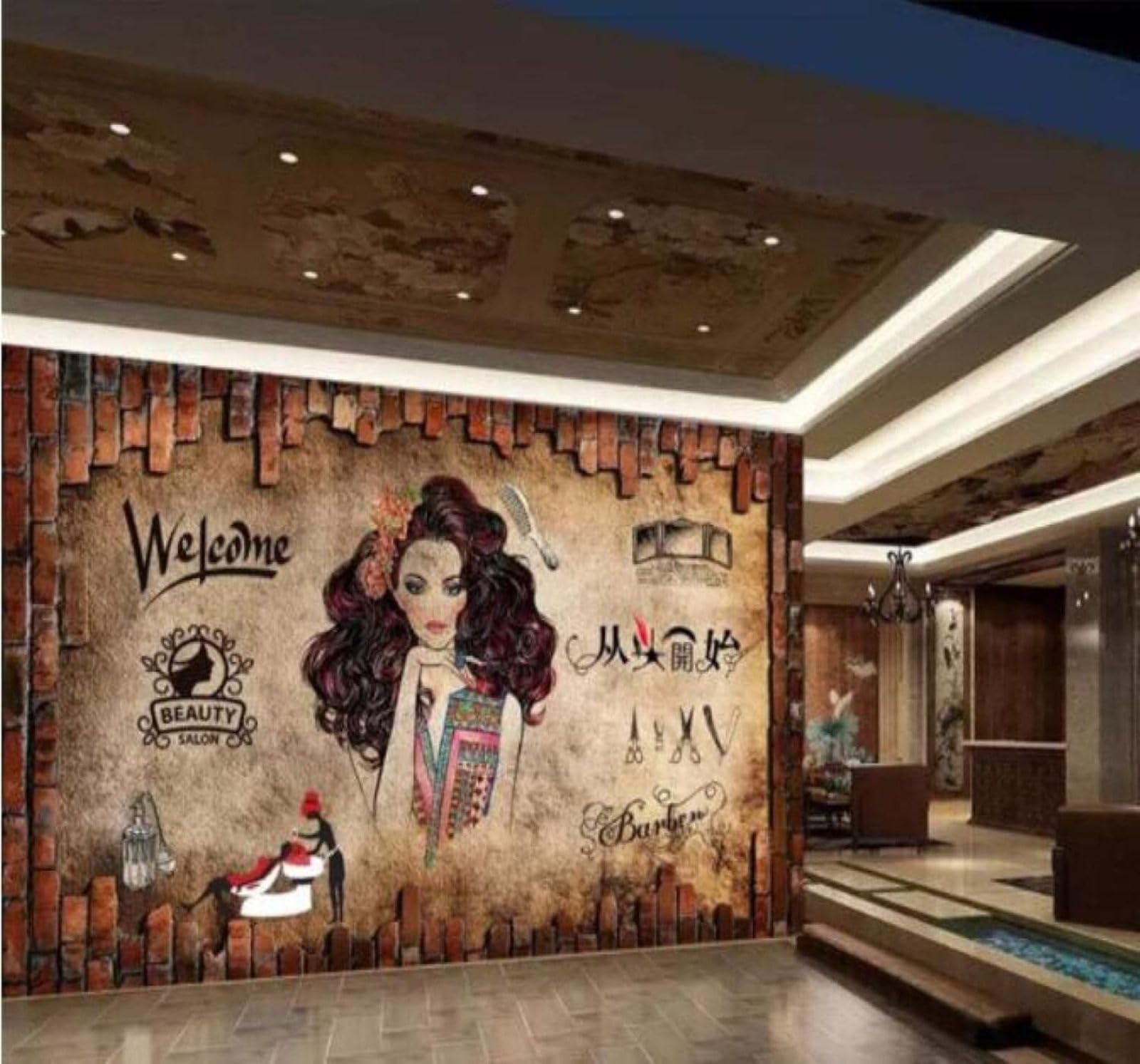 Xlming 400Cm×280Cm(B×H) Retro Brick Wall Beautiful Woman Beauty Salon Hairdresser’s 3D Wallpaper Luxury Silk Study Dining Feature Sofa Grey Bedroom Living Room Tv Decorative Wall-400Cm×280Cm