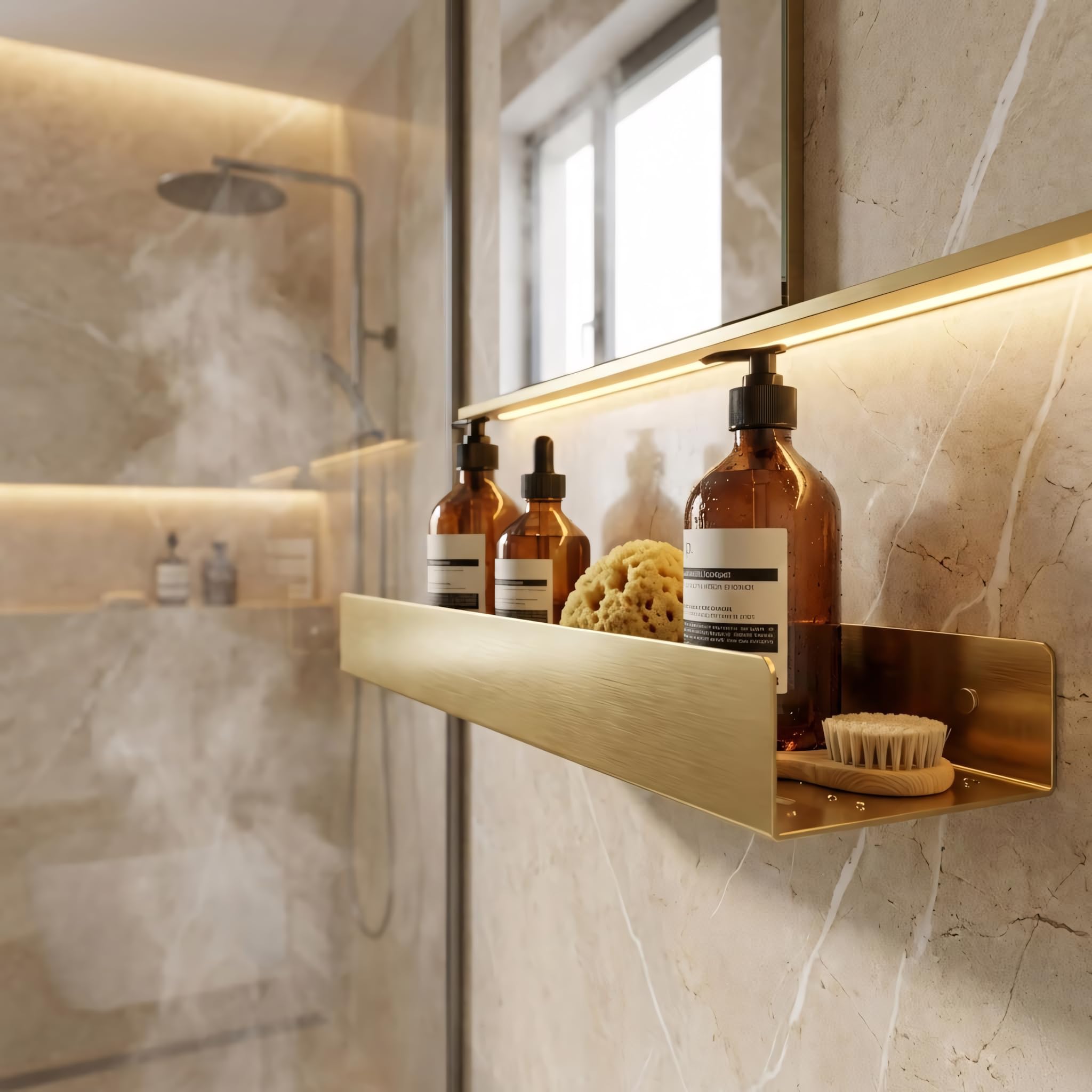 Rea Estante de baño Sf04-600-Bg Brushed Gold, Práctico y Elegante, para organizar Tus Esenciales de Aseo - 60X9X5CM