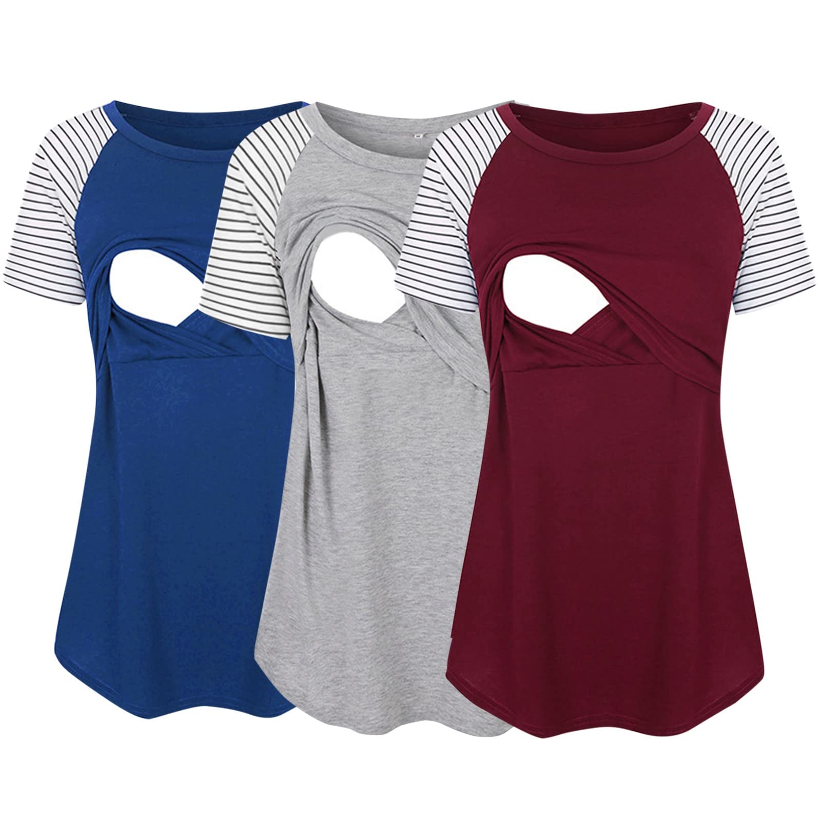 Lot de 3 t-shirts d'allaitement à manches courtes pour femme avec col rond et imprimé rayé