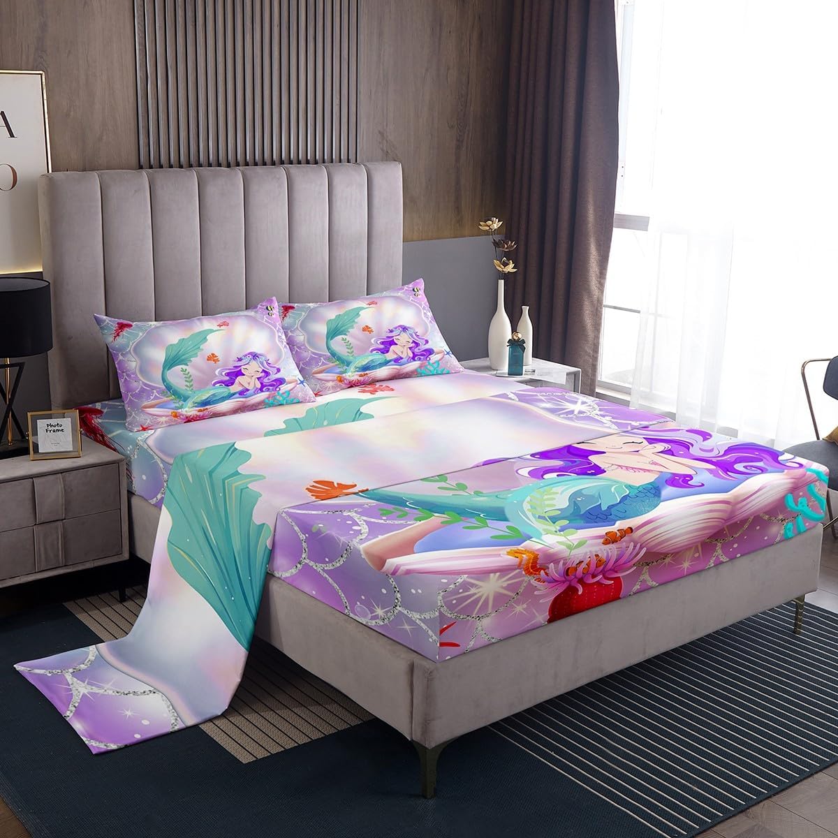 Erosebridal Little Mermaid Fitted Sheet Iridescent Fish Scale Sheet Set Mermaid Gifts for Women,Ocean Jellyfish Crab Bed Sheets Nautical Sea Animal Bed Cover King,Sea Reef Coral Kawaii Room Decor