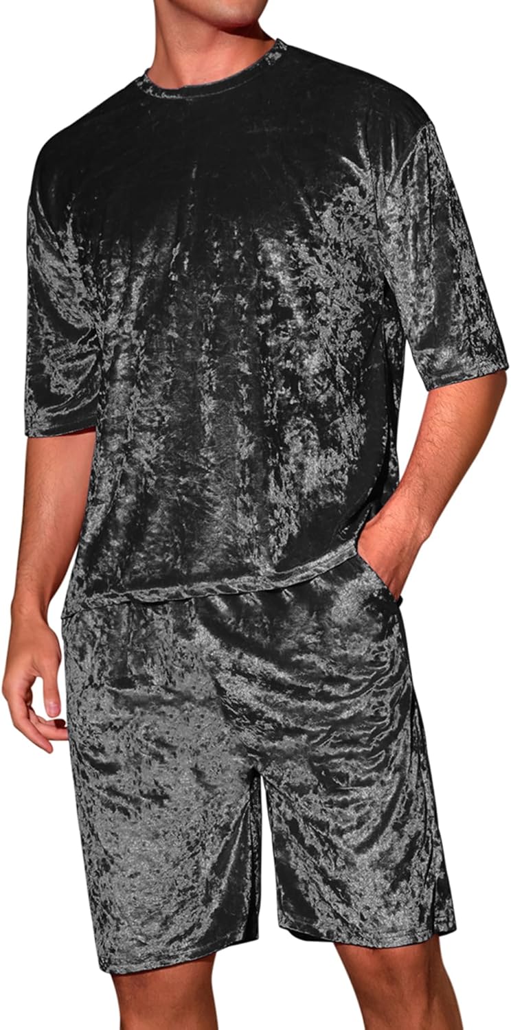 Lars Amadeus Velvet Outfits for Men's Summer Short Sleeve Party Velour T-Shirt & Shorts Set