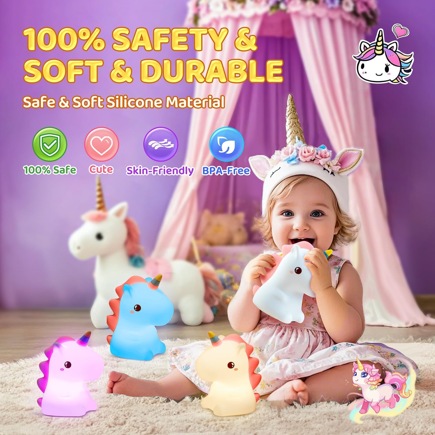 One Fire Luce Notturna Unicorno, Regalo Battesimo, 16 Multicolori Silicone Lampada per Bambini, USB Ricaricabile LED Luci Notturne per Cameretta Bambina, Regalo Neonato