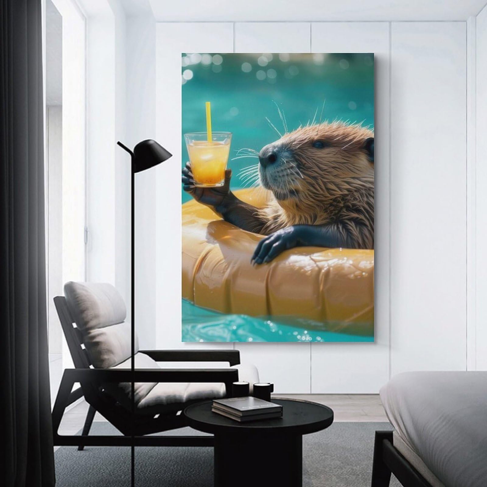 Junmoney Unframe-Style-21 Beaver Relaxing With Drink In Pool Canvas Wall Decor, 12X18inch(30X45cm), For Wall Displays, Bedrooms Or Room Updates, Wall Decor Suited To Curated Displays