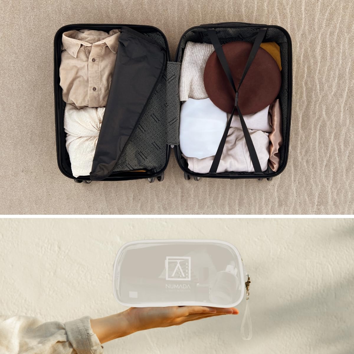 NUMADA-Juego de Maletas Rígidas 3pzs. Maleta Cabina 53cm, Maleta Mediana 63cm y Neceser. Set de Maletas de Viaje ABS Eco Friendly, 4 Ruedas Dobles, Resistentes, Ligeras y Seguras (Verde)