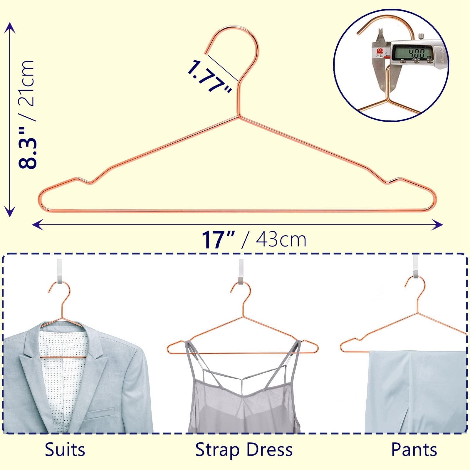Amber Home 17" Rose Gold Strong Metal Hanger 30 Pack, Copper Clothes Hangers, Heavy Duty Coat Hangers, Standard Suit Hangers for Jacket, Shirt, Dress (Copper, 30)