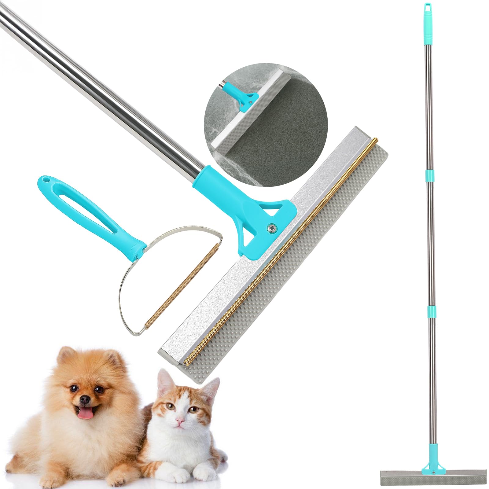 Tierhaarentferner, 2-in-1-Haarentferner, Teppichbürste mit 138 cm Verstellbarem Griff zum Entfernen von Tierhaare aus Autos, Teppichen, Fußböden, Sofas und Kleidung (Blau)