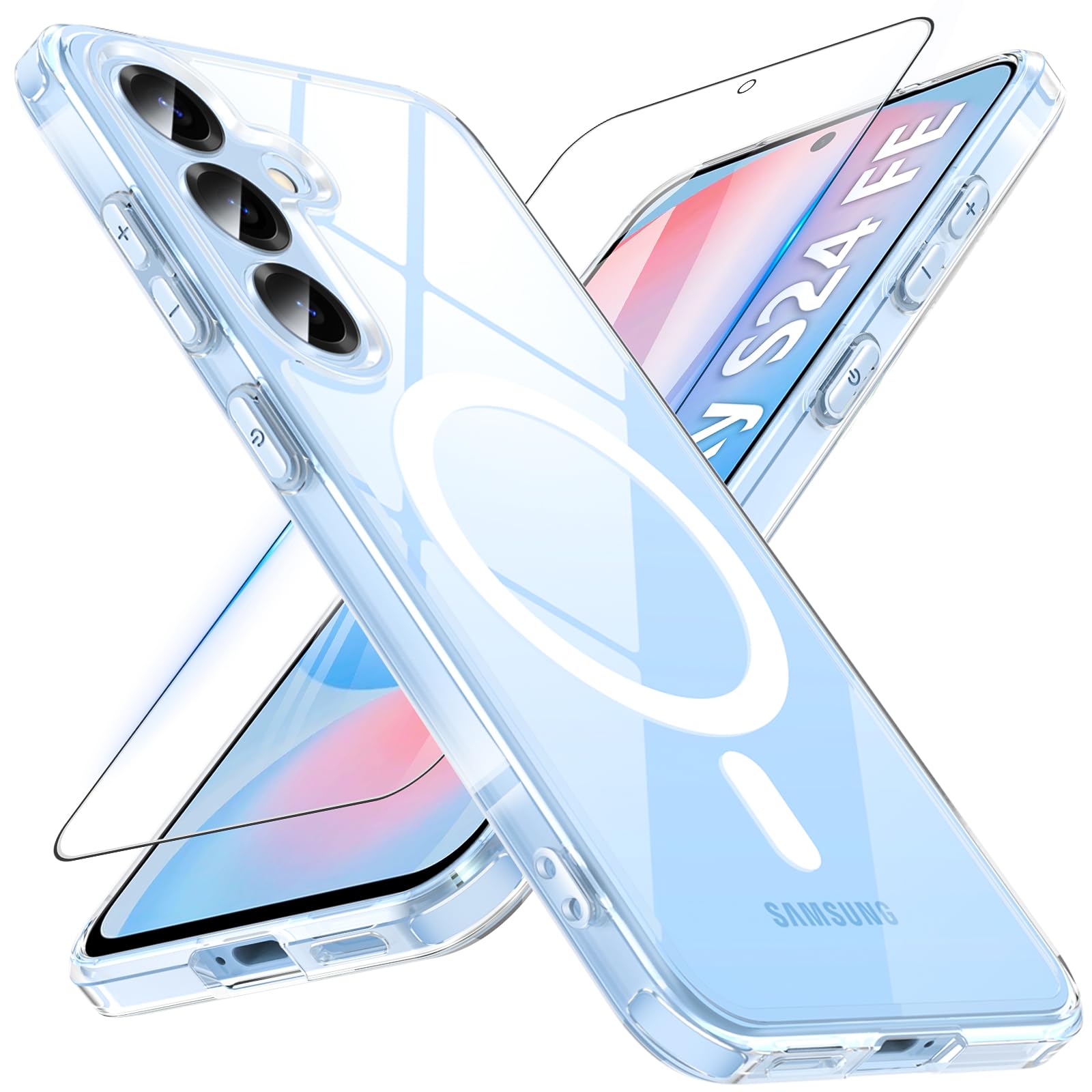Hensinple Magnetic Case for Samsung Galaxy S24 FE Case with Tempered Glass Screen Protector, Fit for MagSafe,Non-Yellowing Clear Shockproof Back Cover Case for Samsung S24 FE, Transparent