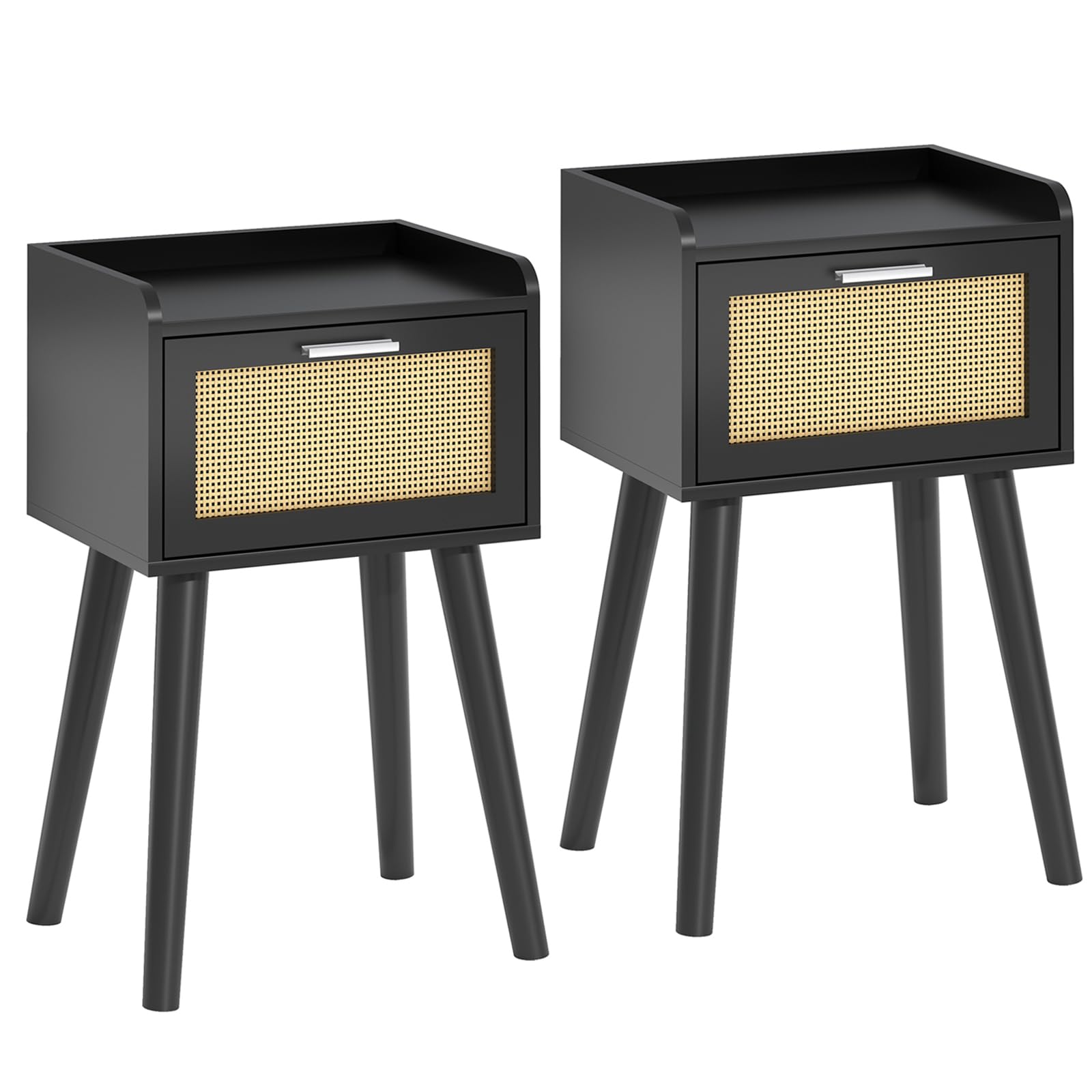 LAATOOREE Nightstand Set of 2, Small Black Bedside Table, End Table with Rattan Door, Boho Side Table with Solid Wood Legs for Bedroom Living Room Small Space