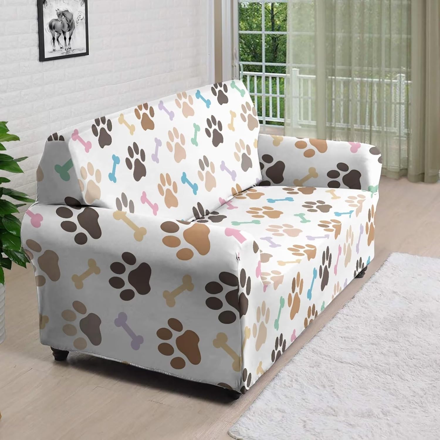 Brown Dog Paw Print Sofa Covers for 4 Cushion Couch Non-Slip Couch Sofa Loveseat Protector Covers for Living Room Bedroom Decor