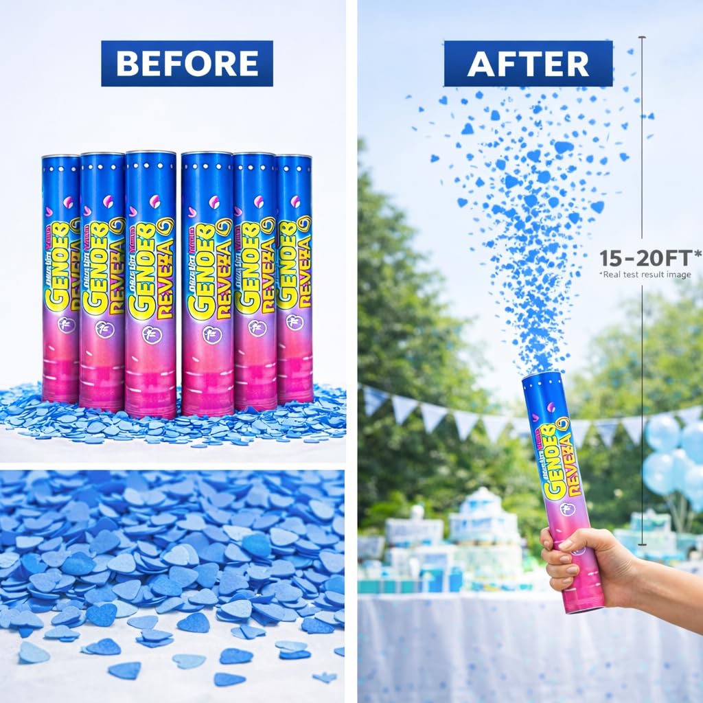 Gender Reveal Konfetti Kanonen - 6 Pack Blau Party Poppers - Baby Boy Gender Reveal Cannon Kit mit herzförmigem Konfetti - Easy Twist Shooters für Baby Reveal Party Dekorationen