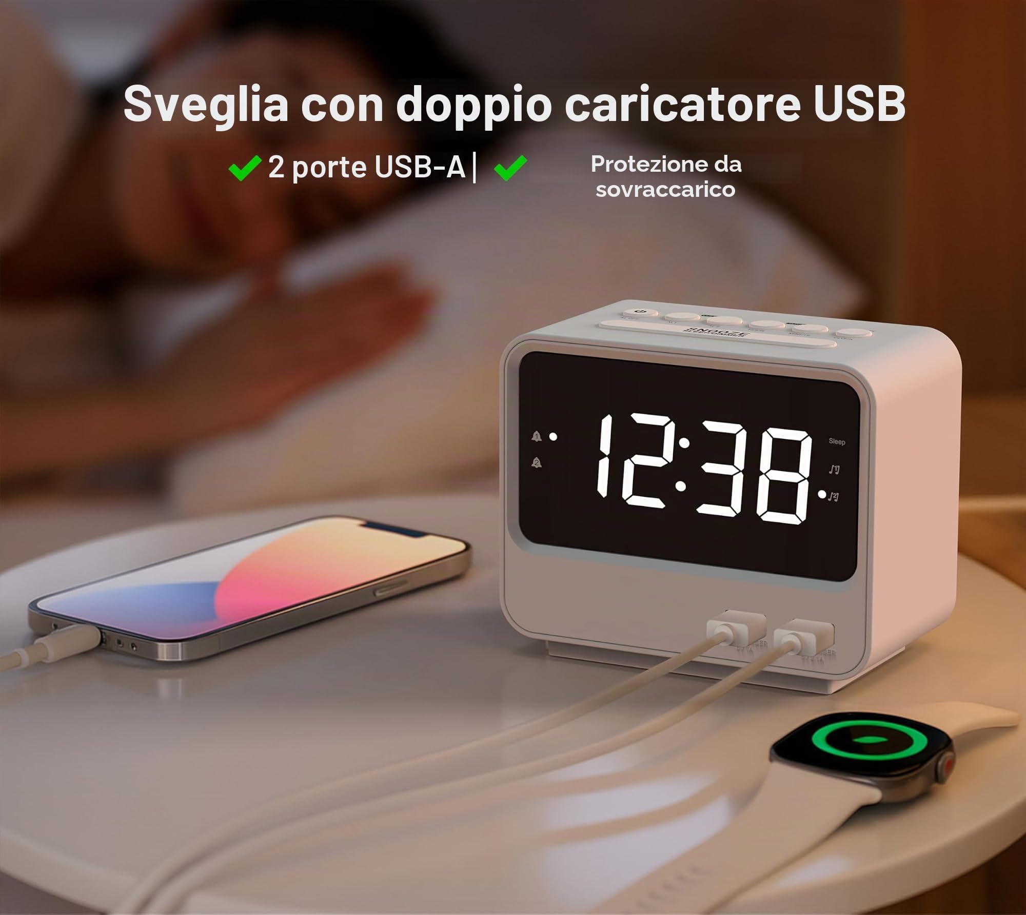 iTOMA Radiosveglia per camera da letto con due porte di ricarica USB, numeri grandi con luminosità regolabile, radio FM digitale per comodino con timer per sonno, orologio digitale LED bianco A23W