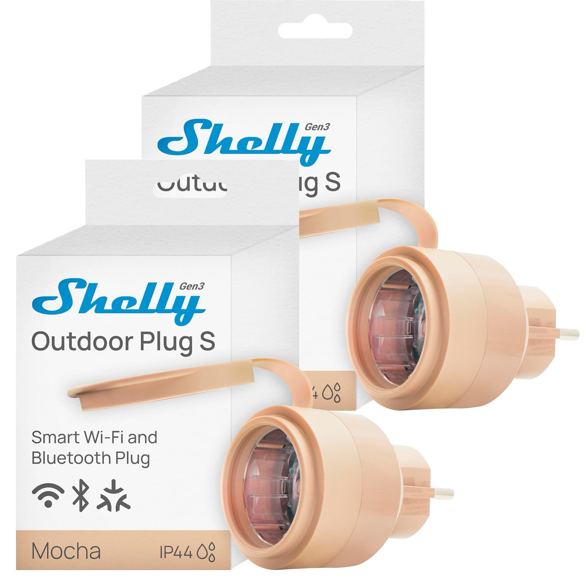 Shelly Shelly Outdoor Plug S Gen3 Dopplepack, WLAN Smarte Steckdose für den Außenbereich, IP44, Matter-Zertifiziert, 12A, 2500W, Außenbeleuchtung, Leistungsmessung, Außenautomatisierung, Alexa, Google
