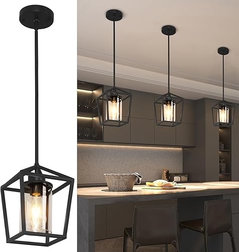 Luces colgantes negras para isla de cocina, lámparas de 1 luz, iluminación de isla de granja, lámpara colgante de linterna para pasillo, vestíbulo,