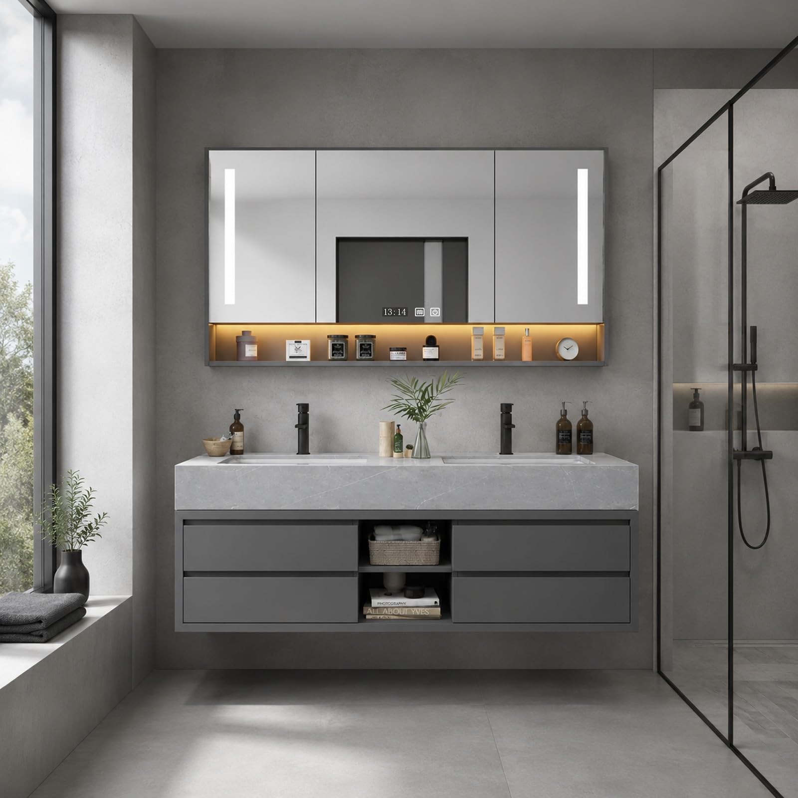 Mobile Bagno con Lavabo, Mobile Lavabo Bagno con Specchio Contenitore Smart HD, Piano in Pietra Sinterizzata, Ampio Spazio