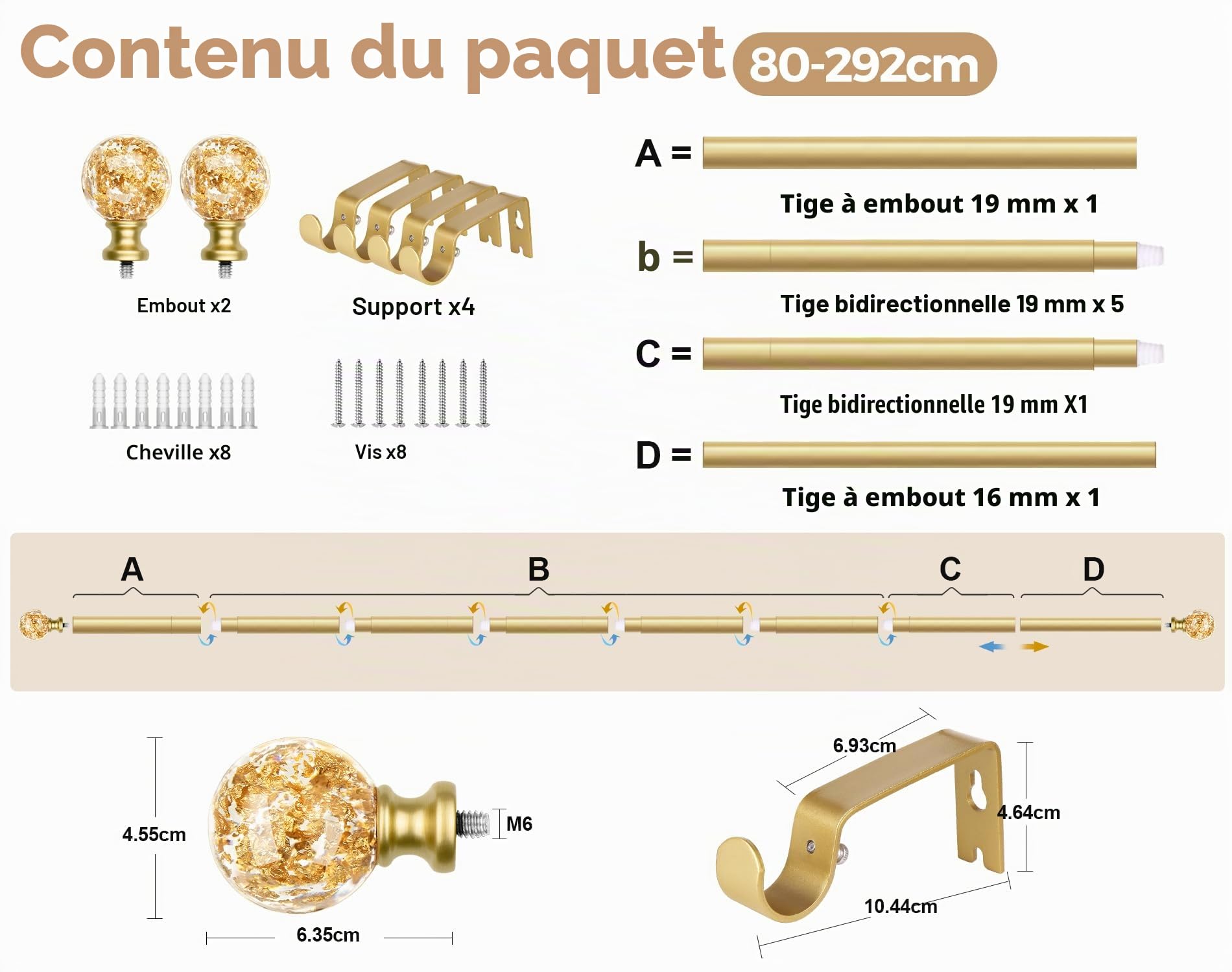 KAMANINA Tringle à Rideaux Extensible 80 à 292cm, Tringle Rideaux Or avec Pommelles en Cristal, Pour Fenetre Balcons Chambres