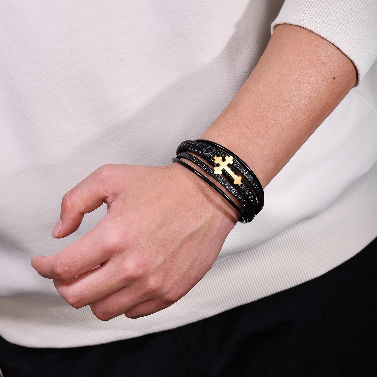 Mens Leather Cross Bracelet Multi-Layer Braided Faith Bracelet Religious Wristband Father's Day Birthday Jewelry Gifts for Men 8.5" Stainless Steel Buckle Bangle - Image 4