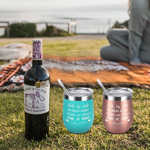 Miniatura 7 de GINGPROUS Juego de 4 vasos de vino con texto en inglés "Friend", "Side By Side or Miles Apart Friends", vaso de vino de acero inoxidable de 12 onzas