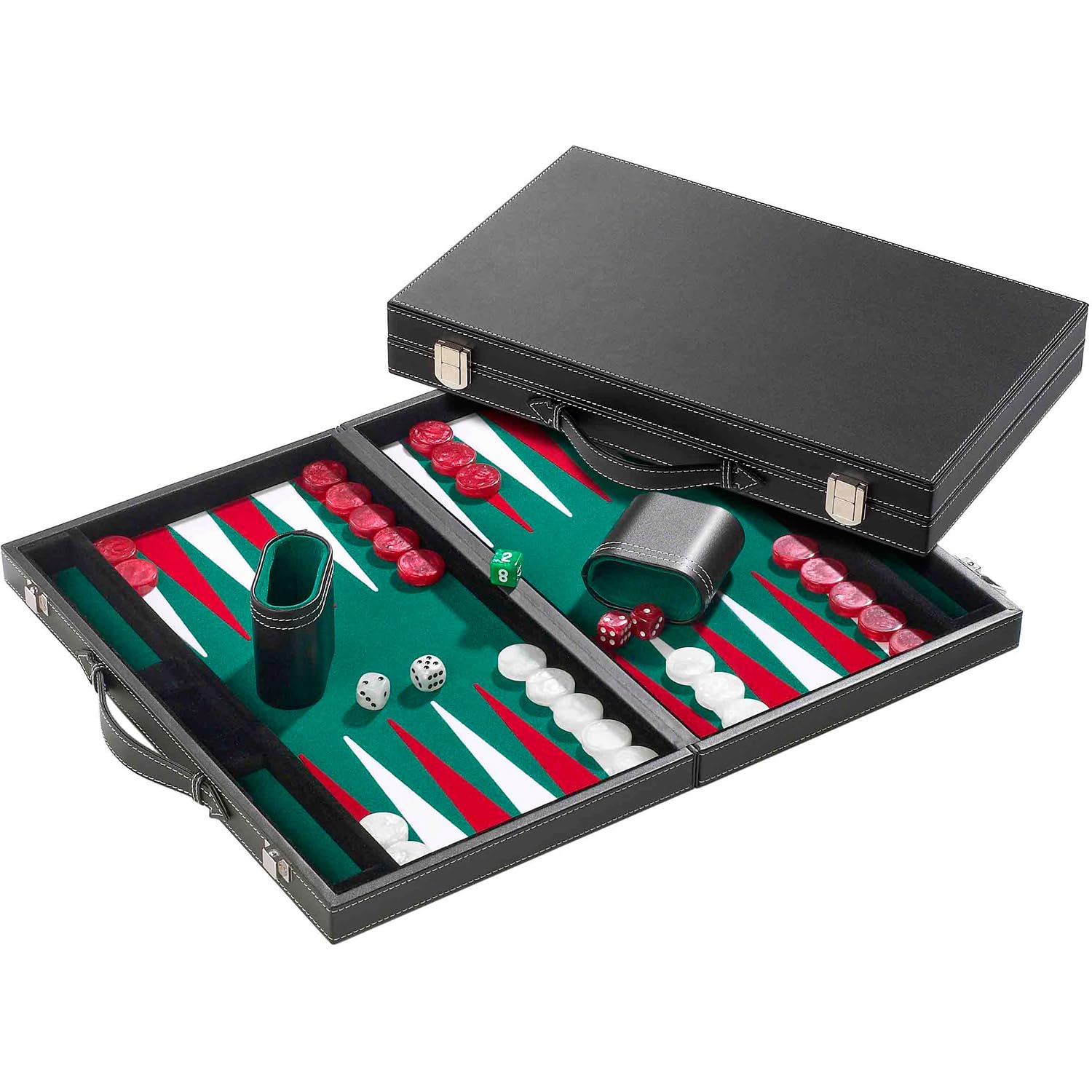 Philos 1722 - Backgammon wkład filcowy zielono-biało-czerwony, duży, walizka ze sztucznej skóry