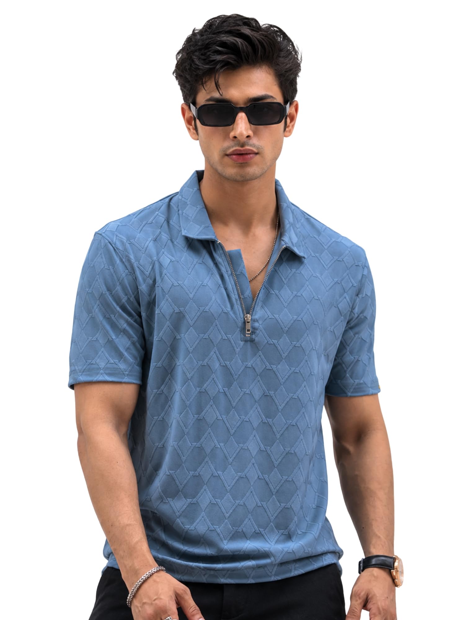 maniac || Mens || Textured || Polo Neck || Half Sleeve || Half Zipper || Cotton Lycra Blend || Polo T-Shirt-picture-11