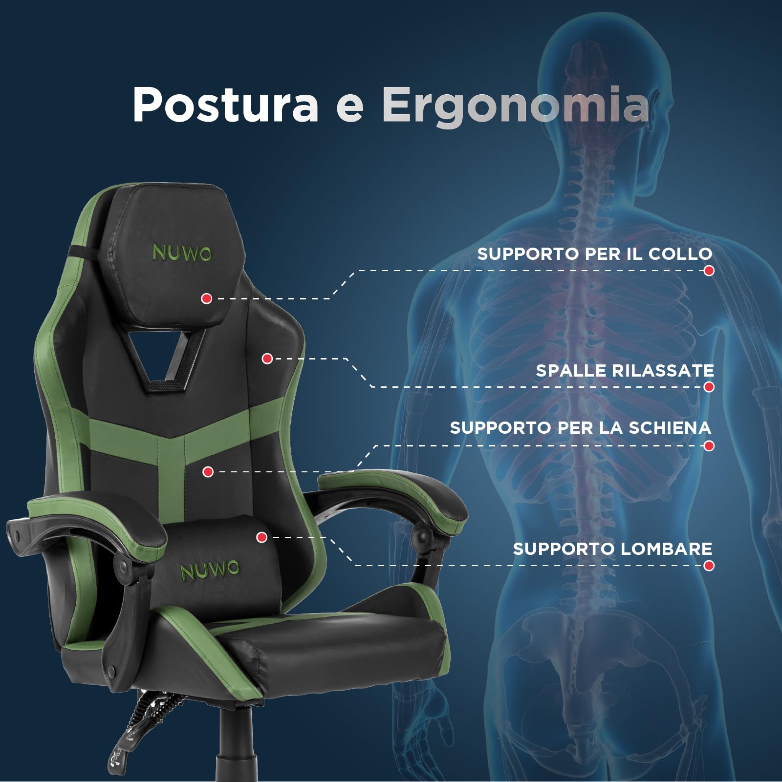 Nuwo Odin Sedia Gaming Ergonomica, Sedia PC Computer Gaming Ufficio, Braccioli Imbottiti Curvi, Schienale e Altezza Regolabile, Supporto Lombare e Poggiatesta, 120 Kg, Verde Militare