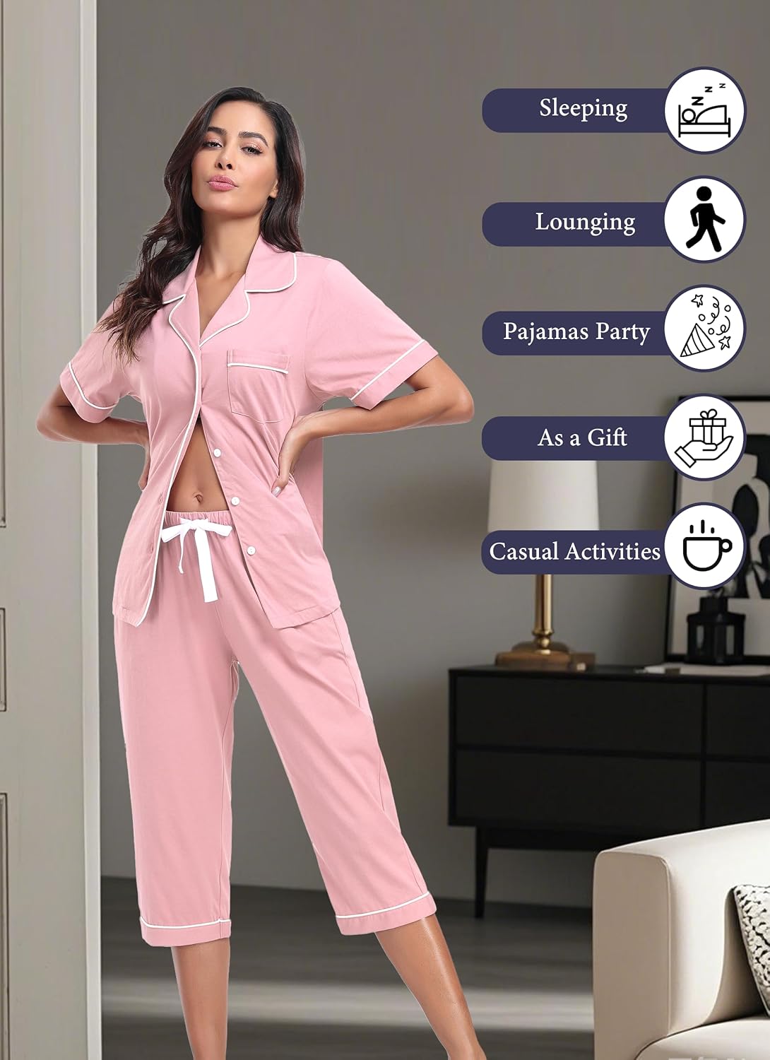 EA'S SECRET 100% Cotton Pajamas for Women Set Short Sleeve Button Down Sleepwear Capri Nightwear Pjs Loungewear