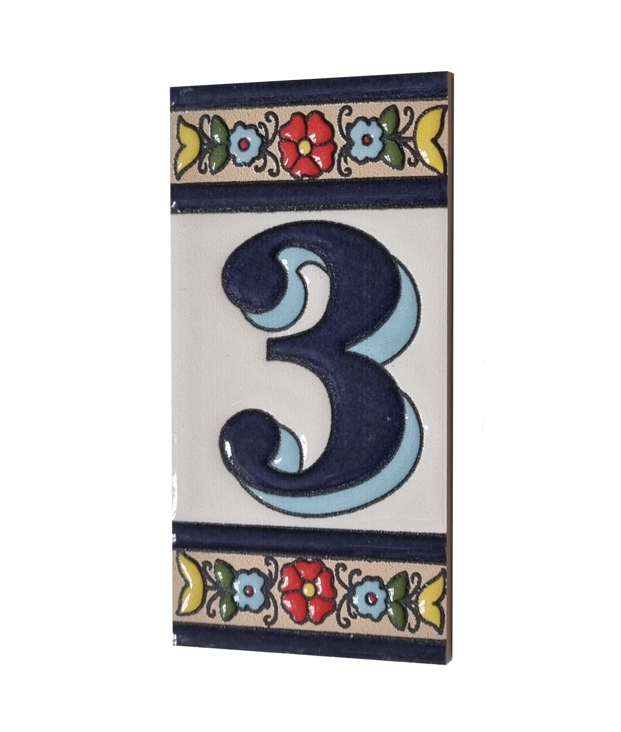Altea Spanish Hand-painted Ceramic 11 x 5.5 cm or 2.165 x 4.331 inch House Number Tiles (Number 3)