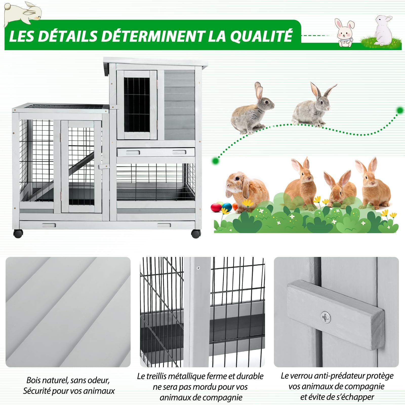 YODOLLA Clapier en Bois sur roulettes, Clapier Lapin Exterieur, clapier à Lapin intérieur, 2 Étages & 3 Portes Verrouillables & 2 Plateaux Amovibles & Maille Métallique, 94 x 62 x 85 cm, Gris